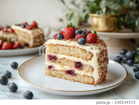 Layered honey cake slice with berries on white plate decorated with whipped cream fresh berries. 130534572