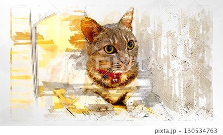 スケッチ風 猫 ネコ ねこ キジトラ グレー 雌 メス 雌ねこ 雌ネコ 元気 かわいい 癒し 130534763