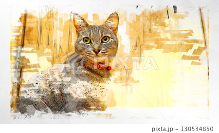 スケッチ風 猫 ネコ ねこ キジトラ グレー 雌 メス 雌ねこ 雌ネコ 元気 かわいい 癒し 130534850