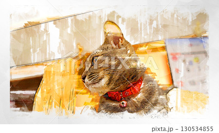 スケッチ風 猫 ネコ ねこ キジトラ グレー 雌 メス 雌ねこ 雌ネコ 元気 かわいい 癒し 130534855