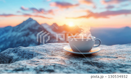 Panoramic cup coffee tea morning, 3D rendering concept outdoor recreation, relaxation, solitude. 130534932