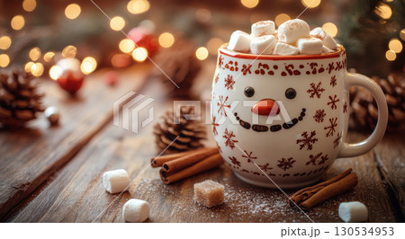 Festive hot chocolate with marshmallows in a snowman mug surrounded by Christmas decorations, pine branches, and red ornaments 130534953