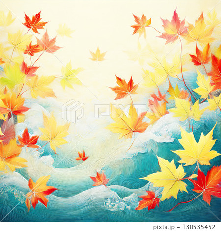 荒波をバックに綺麗な紅葉 130535452