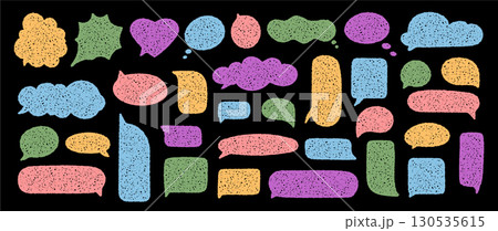 Organic chat bubble set in chalk sketch style. Speech cloud, round dialogue and handcrafted textbox balloon offer unique conversation and message shape. This colorful set uses organic forms for 130535615