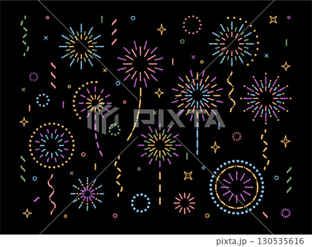 Crayon firework pattern and celebration burst with colorful confetti and star sparkle set. Set of magic elements on a black background. Vibrant circle ornament for party or festive decoration. Crayon firework pattern and celebration burst with colorful confetti and star sparkle set. Set of magic elements on a black background. Vibrant circle ornament for party or festive decoration. 130535616