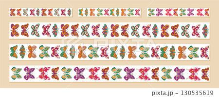 Groovy retro seamless butterfly border set in colorful floral pattern. Funky and spring frame uses seamless pattern as a creative and modern border, perfect for vibrant y2k or graphic projects. 130535619