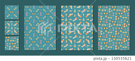 Cartoon seamless pattern of sunscreen bottle and tube shapes. Sunblock cream, spf lotion and spray reflect care summer protection. Sunglasses hold motif in cosmetic set. Cartoon seamless pattern of sunscreen bottle and tube shapes. Sunblock cream, spf lotion and spray reflect care summer protection. Sunglasses hold motif in cosmetic set. 130535621