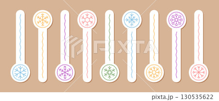 Pastel crayon snowflake sticker set for box lid and ornament. This holiday icon fits winter xmas decoration, with colorful snow flake illustration and festive sticker collection. 130535622