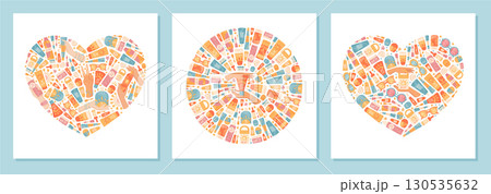 Flat style sunscreen concepts set forms heart and circle shape. Sunblock, spf cream, lotion and bottle container create sun care concept. Tube container product for summer protection, cosmetic design. Flat style sunscreen concepts set forms heart and circle shape. Sunblock, spf cream, lotion and bottle container create sun care concept. Tube container product for summer protection, cosmetic design. 130535632