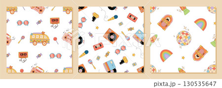 Groovy retro music seamless pattern cartoon with cassette, disco, and radio as colorful set. Y2k style pattern, bright background and fun design for a trendy project. Collection with vibrant mood. Groovy retro music seamless pattern cartoon with cassette, disco, and radio as colorful set. Y2k style pattern, bright background and fun design for a trendy project. Collection with vibrant mood. 130535647