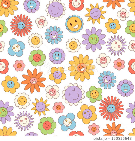 Groovy y2k floral cartoon background with happy seamless flower and colorful daisy smiley pattern. Cute retro style creates a playful and fun mood for wallpaper, print, or fabric. 130535648