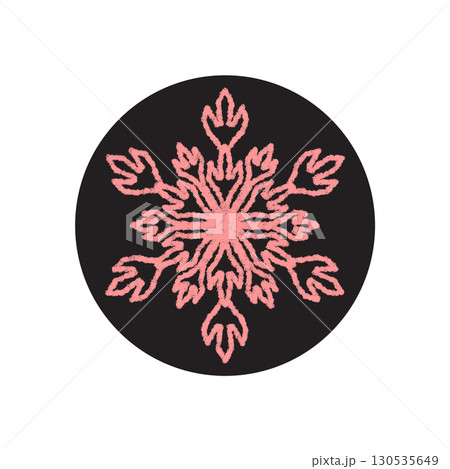 Pink chalk snowflake sticker icon rests in a black circle, winter ornament used as holiday decoration or christmas seal for box. Cold snow flake creates festive look, emblem for gift or package. Pink chalk snowflake sticker icon rests in a black circle, winter ornament used as holiday decoration or christmas seal for box. Cold snow flake creates festive look, emblem for gift or package. 130535649