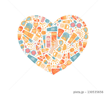 Cartoon heart banner with sunscreen, spf, sun, lotion, spray, cream, bottle, tube set. Heart shape product concept with sun care and cosmetic collection, playful style, perfect for summer themes. 130535656