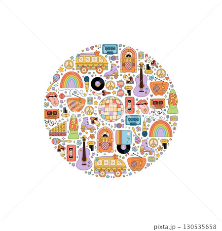 Groovy retro music circle sticker in colorful cartoon graphic style. Y2k festival concept with guitar, cassette, record and rainbow. Bright background for playful pop culture or vintage themed 130535658