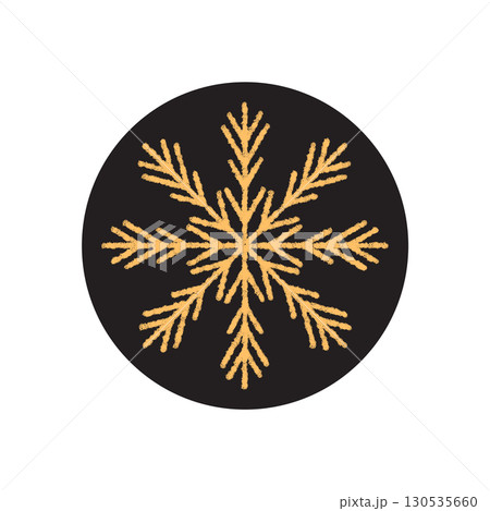 Chalk snowflake sticker with yellow and black circle ornament. Winter holiday decoration, seal element for xmas package. Snow flake symbol adds festive touch as seasonal sticker. 130535660