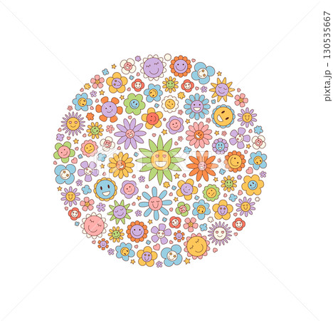Groovy retro flower circle in cartoon graphic style with happy smile and cute colorful elements. 70s and y2k concept add positive background for cheerful graphic themes creative modern projects. Groovy retro flower circle in cartoon graphic style with happy smile and cute colorful elements. 70s and y2k concept add positive background for cheerful graphic themes creative modern projects. 130535667