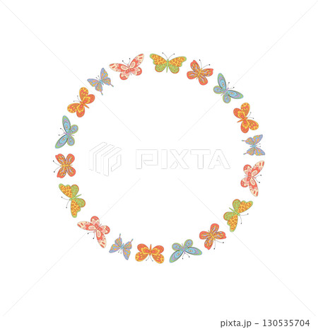 Groovy butterfly border in retro floral pattern. Colorful nature circle with frame style and y2k accents. Vintage motif for modern spring themes, perfect for universal and creative Groovy butterfly border in retro floral pattern. Colorful nature circle with frame style and y2k accents. Vintage motif for modern spring themes, perfect for universal and creative 130535704