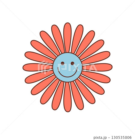 Groovy retro flower daisy cartoon, colorful smiley icon with cute and happy face. Groovy element and y2k twist, bold playful style for modern fun accent, perfect for trending positive themes. 130535806