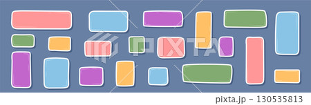 Cartoon rectangle sticker set in hand drawn doodle style on blue background. Patch and organic box label as memo note collection in colorful text, ideal for playful decor, creative message or modern Cartoon rectangle sticker set in hand drawn doodle style on blue background. Patch and organic box label as memo note collection in colorful text, ideal for playful decor, creative message or modern 130535813