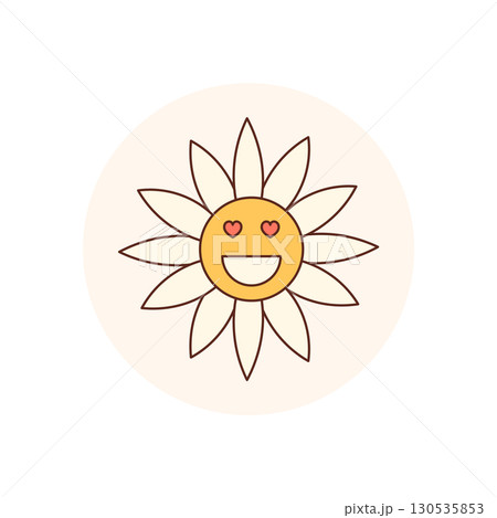 Cute retro daisy sticker with a happy smiley and heart eyes in a yellow circle. Groovy element as sunshine flower lid seal, y2k style, playful and cheerful for packaging or fun product badge. Cute retro daisy sticker with a happy smiley and heart eyes in a yellow circle. Groovy element as sunshine flower lid seal, y2k style, playful and cheerful for packaging or fun product badge. 130535853