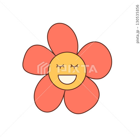 Groovy retro cartoon flower face in cute yellow. Smile and happy look form a playful groovy element, with bright y2k graphic style as a fun, cheerful accent for creative projects. Groovy retro cartoon flower face in cute yellow. Smile and happy look form a playful groovy element, with bright y2k graphic style as a fun, cheerful accent for creative projects. 130535856