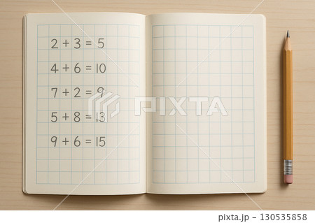 小学生の算数ノート　足し算の練習問題と鉛筆 130535858