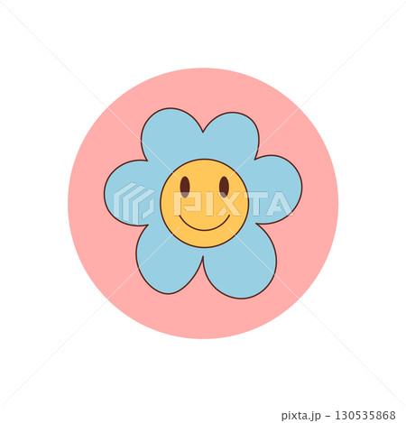 Groovy retro flower in blue and yellow smile on circle, full of happy and cute fun character sticker. Modern y2k sticker label for package, lid or box, vibrant colorful accent for playful package. 130535868