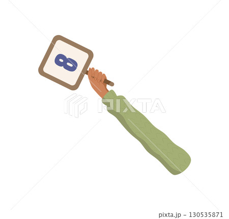 Cartoon style customer hand holding am eight review sign. Square rating gesture shows rank and satisfaction for feedback. Isolated element for business reviews or social media ratings. 130535871