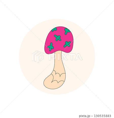 Groovy magic mushroom pink sticker badge in retro cartoon graphic style. Playful package seal and emblem with circle lid y2k charm. Groovy element and badge accent for product label. Groovy magic mushroom pink sticker badge in retro cartoon graphic style. Playful package seal and emblem with circle lid y2k charm. Groovy element and badge accent for product label. 130535883