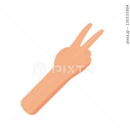 Cartoon style hand with palm and fingers showing number two. Gesture of a bare hand with two fingers up. Flat graphic element for basic math, education visuals, or counting concepts. 130535904
