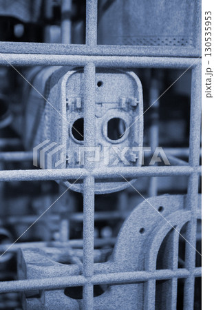 Object printed on 3D printer from molten plastic powder close-up. Model printed on 3D printer from melted polyamide powder. New modern additive 3D printing technology. Multi Jet Fusion MJF technology 130535953