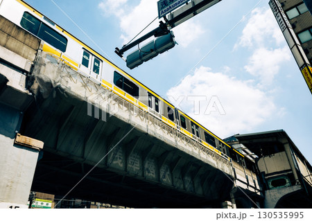 高架上のJR総武線と浅草橋駅 2025.08　フィルム調 130535995