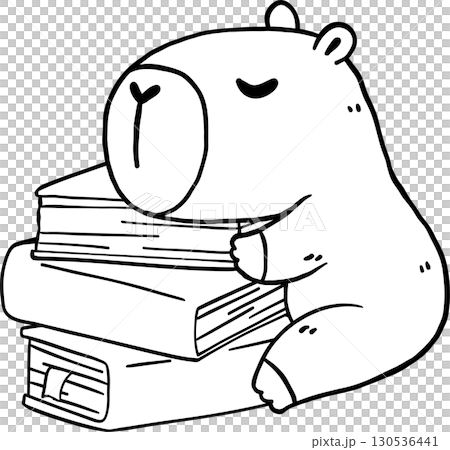 Bookish Capybara Sleeping on Books, Animal Reading Outine Hand Drawn Bookish Capybara Sleeping on Books, Animal Reading Outine Hand Drawn 130536441