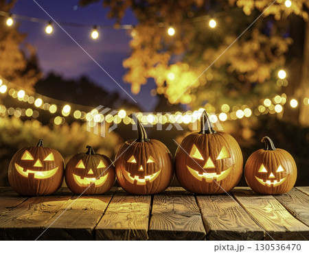 ハロウィンの夜に灯るジャック・オー・ランタンとイルミネーションの幻想的な風景 130536470