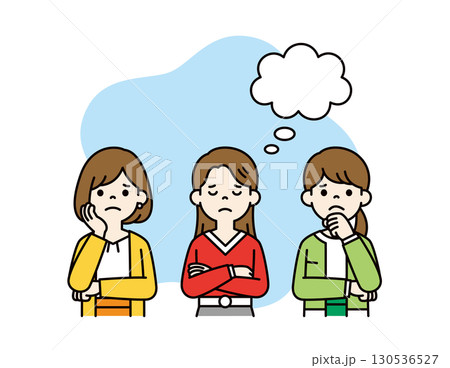 吹き出しと、腕を組んで悩んでいる3人の若い女性の上半身ベクターイラスト素材＿カラー 130536527