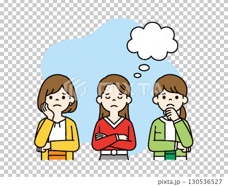 吹き出しと、腕を組んで悩んでいる3人の若い女性の上半身ベクターイラスト素材＿カラー 130536527