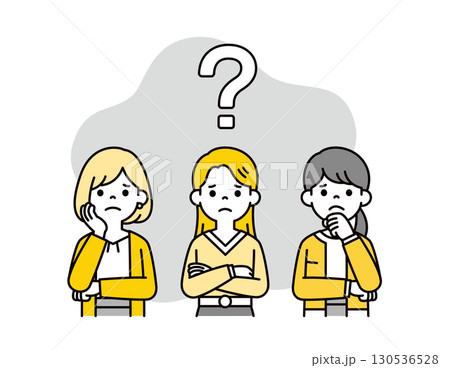 はてなマークと、困った表情の20代・30代の複数の女性の上半身ベクターイラスト素材 130536528