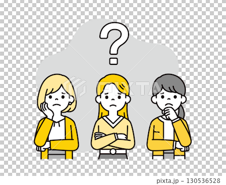 はてなマークと、困った表情の20代・30代の複数の女性の上半身ベクターイラスト素材 130536528