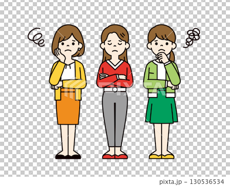 モヤモヤと不安そうに腕を組んでいる3人の若い女性の全身ベクターイラスト素材＿カラー 130536534