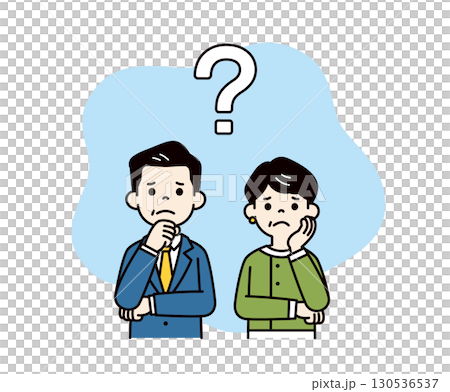 疑問に感じて困った表情をする、ミドル世代の男性社長と女性役員のベクターイラスト素材＿カラー 130536537