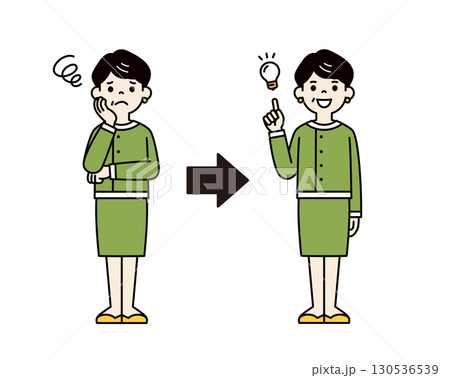 困っていたが、解決策を思いついた50代・60代の女性の全身ベクターイラスト素材＿カラー 130536539