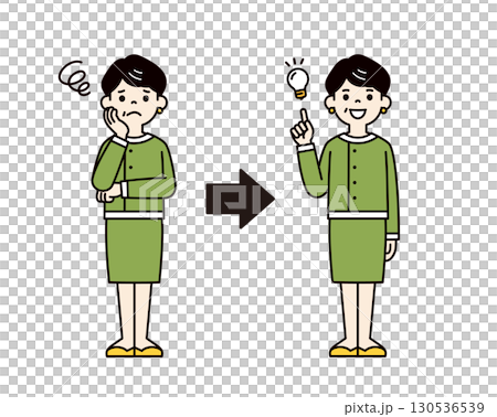 困っていたが、解決策を思いついた50代・60代の女性の全身ベクターイラスト素材＿カラー 130536539