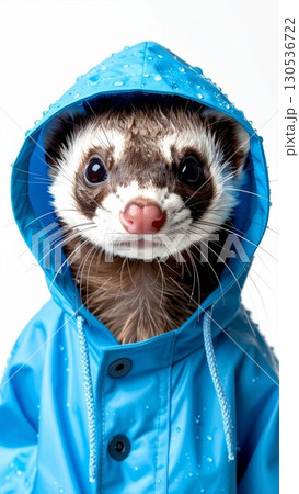 Adorable Ferret Portrait Wearing a Blue Raincoat with Hood in a Studio Setting 130536722