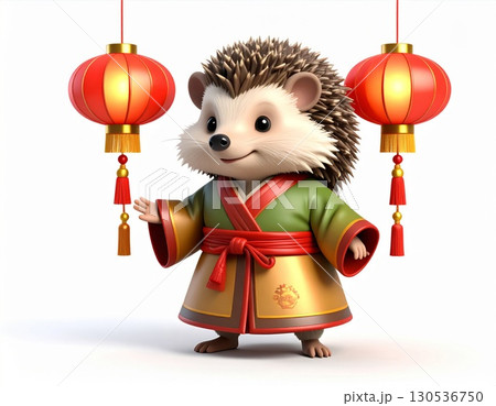 Cute Hedgehog Cartoon Character in Traditional Asian Dress with Red Lanterns 130536750
