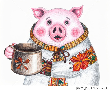 Whimsical Pink Pig in White Coat Holding Brown Mug with Flower Design on White Background 130536751