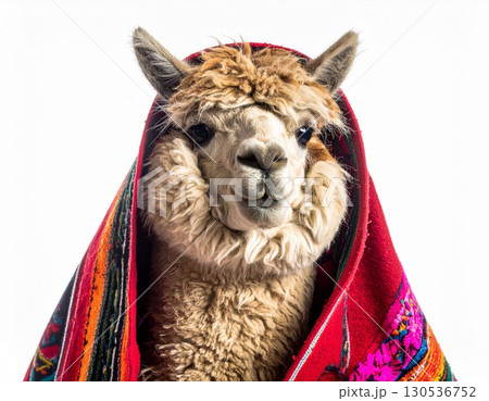 Close Up Portrait of Brown Alpaca with Colorful Traditional Textile Against White Background Close Up Portrait of Brown Alpaca with Colorful Traditional Textile Against White Background 130536752