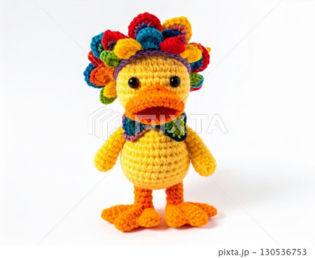 Knitted Yellow Duckling Toy with Colorful Headdress on White Background 130536753