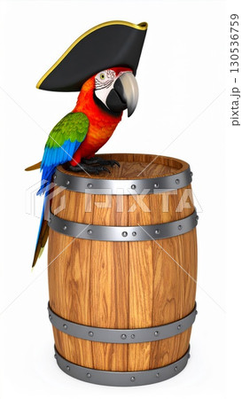Colorful Parrot Wearing Pirate Hat Perched on Wooden Barrel Isolated on White Background 130536759