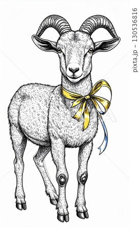 Detailed Line Drawing of a Sheep with Yellow Bow on White Background Animal Art 130536816