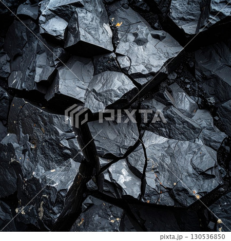Detailed Angular Rock Stone Texture in Dark Gray and Black Abstract Pattern 130536850